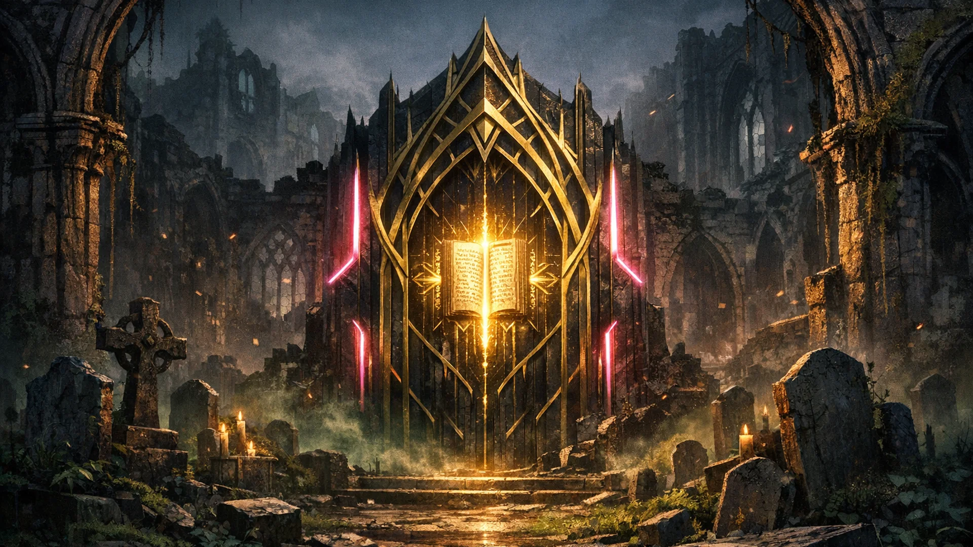 Neon-lit cathedral gate with gold arches, moss haze, and a Scripture-core glow at center.